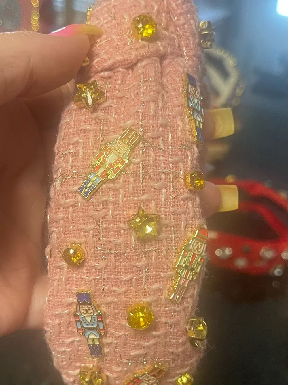 Brianna Cannon Christmas Nutcracker Pink Tweed Embellished Headband new